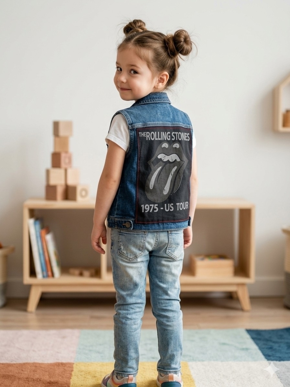 Upcycled H&M Blue Denim Vest with Rolling Stones Back Graphic